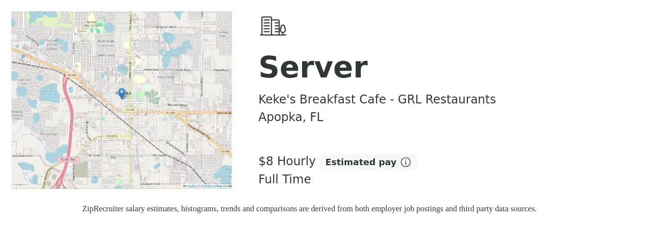 Keke's Breakfast Cafe - GRL Restaurants job posting for a Server in Apopka, FL with a salary of $9 Hourly with a map of Apopka location.