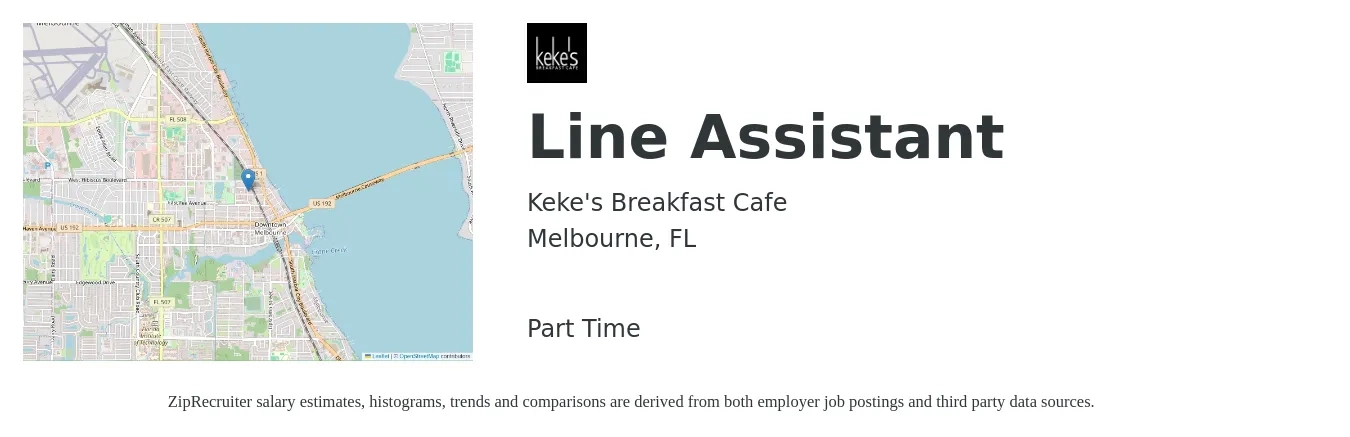 Keke's Breakfast Cafe job posting for a Line Assistant in Melbourne, FL with a map of Melbourne location.