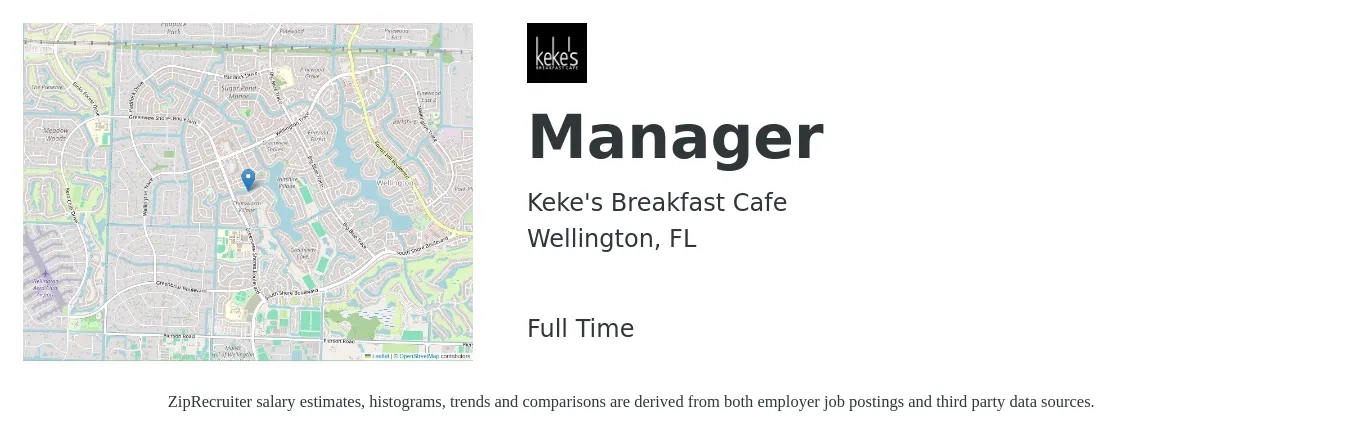 Keke's Breakfast Cafe job posting for a Manager in Wellington, FL with a salary of $42,100 to $59,400 Yearly with a map of Wellington location.