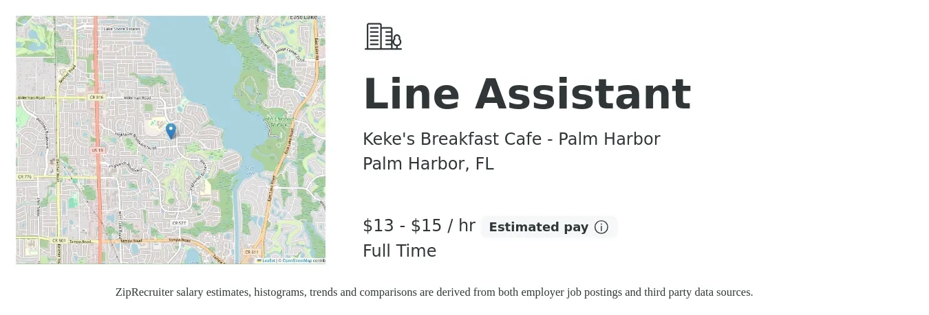 Keke's Breakfast Cafe - Palm Harbor job posting for a Line Assistant in Palm Harbor, FL with a salary of $14 to $16 Hourly with a map of Palm Harbor location.