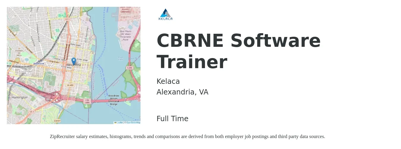 Kelaca job posting for a CBRNE Software Trainer in Alexandria, VA with a salary of $20 to $36 Hourly with a map of Alexandria location.