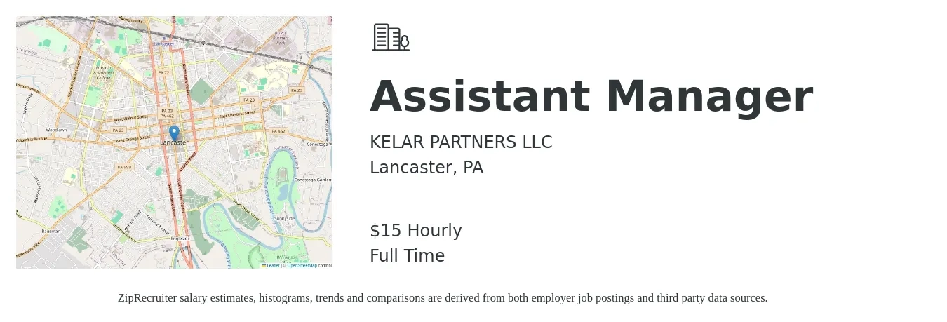 KELAR PARTNERS LLC job posting for a Assistant Manager in Lancaster, PA with a salary of $16 Hourly with a map of Lancaster location.