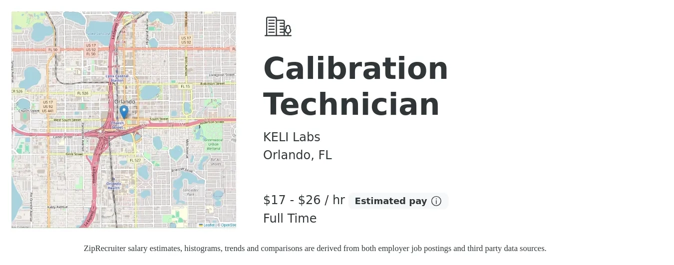 KELI Labs job posting for a Calibration Technician in Orlando, FL with a salary of $18 to $28 Hourly with a map of Orlando location.