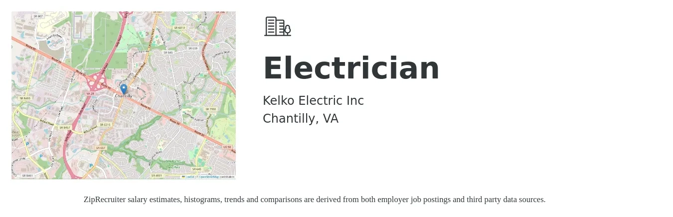 Kelko Electric Inc job posting for a Electrician in Chantilly, VA with a salary of $26 to $36 Hourly with a map of Chantilly location.