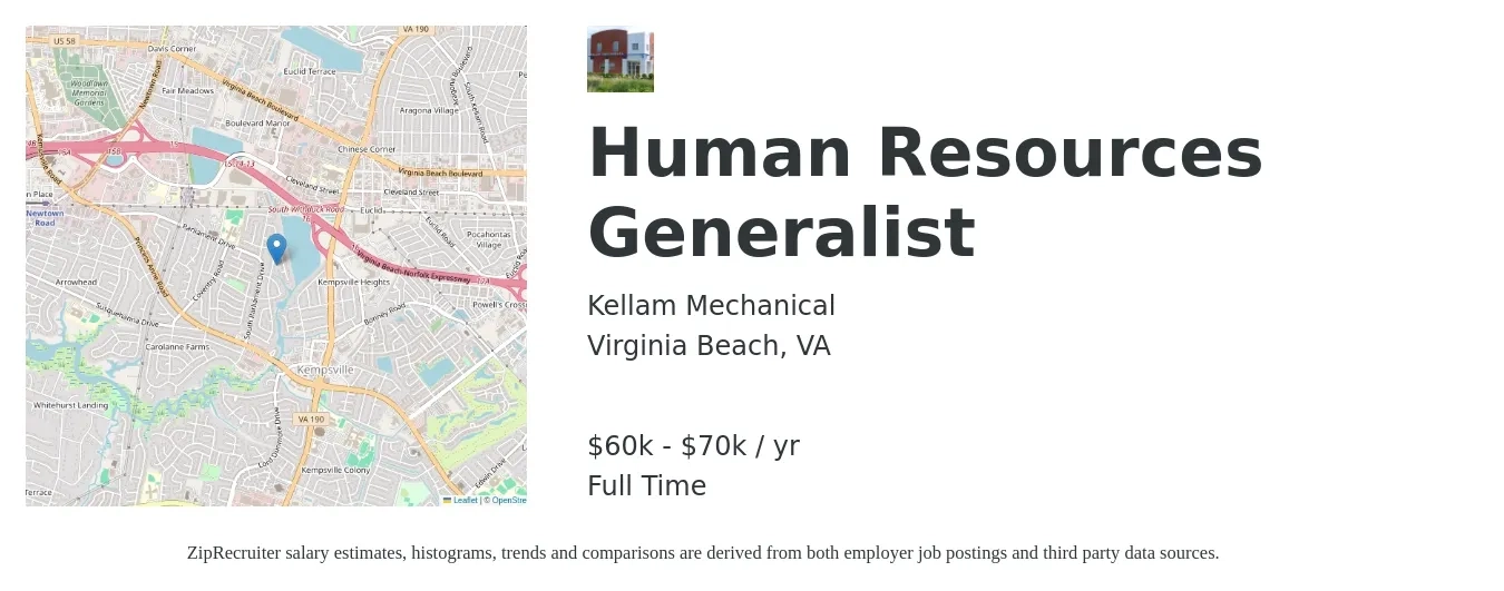 Kellam Mechanical job posting for a Human Resources Generalist in Virginia Beach, VA with a salary of $60,000 to $70,000 Yearly with a map of Virginia Beach location.