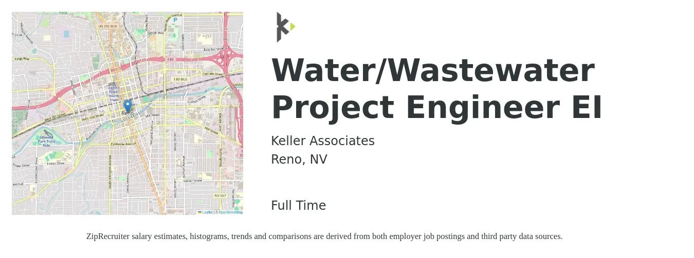 Keller Associates job posting for a Water/Wastewater Project Engineer EI in Reno, NV with a salary of $75,800 to $123,100 Yearly with a map of Reno location.