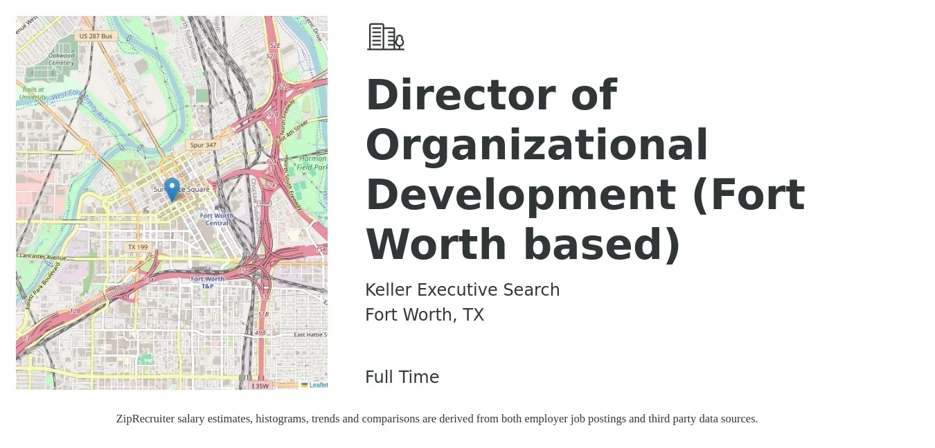 Keller Executive Search job posting for a Director of Organizational Development (Fort Worth based) in Fort Worth, TX with a salary of $91,500 to $118,800 Yearly with a map of Fort Worth location.
