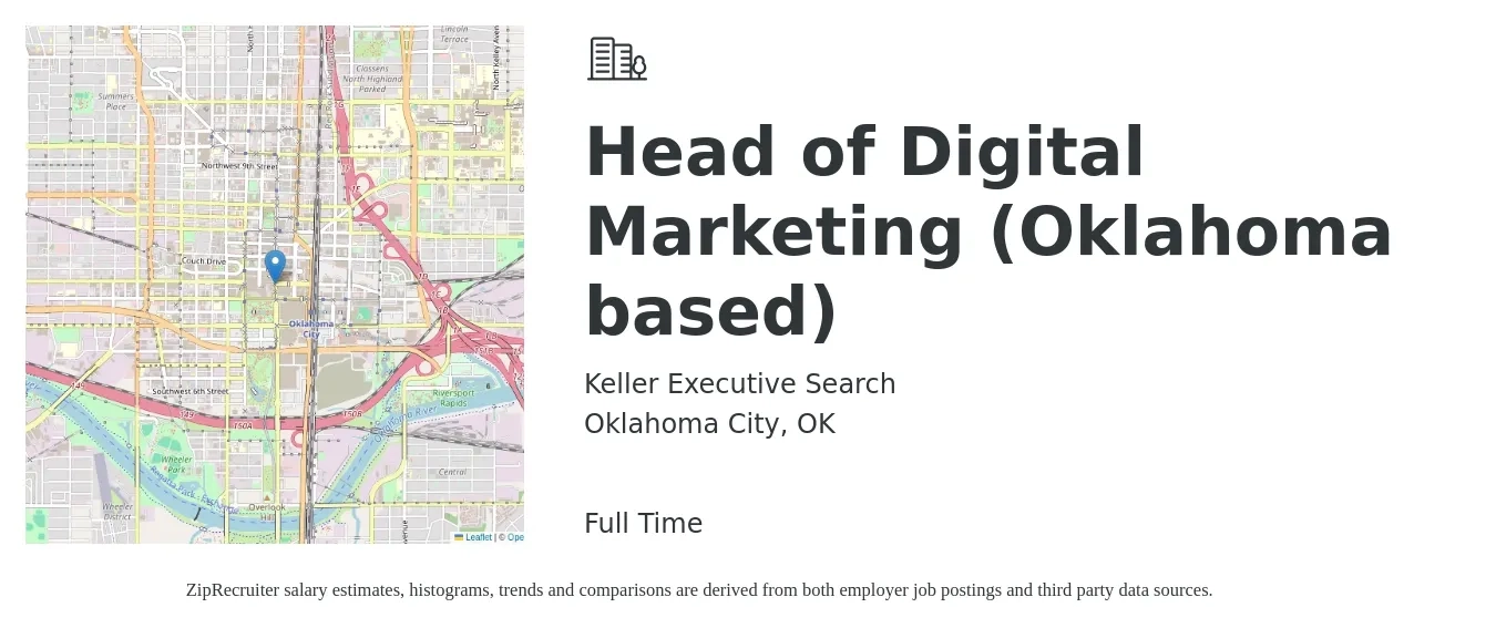 Keller Executive Search job posting for a Head of Digital Marketing (Oklahoma based) in Oklahoma City, OK with a salary of $80,400 to $139,300 Yearly with a map of Oklahoma City location.