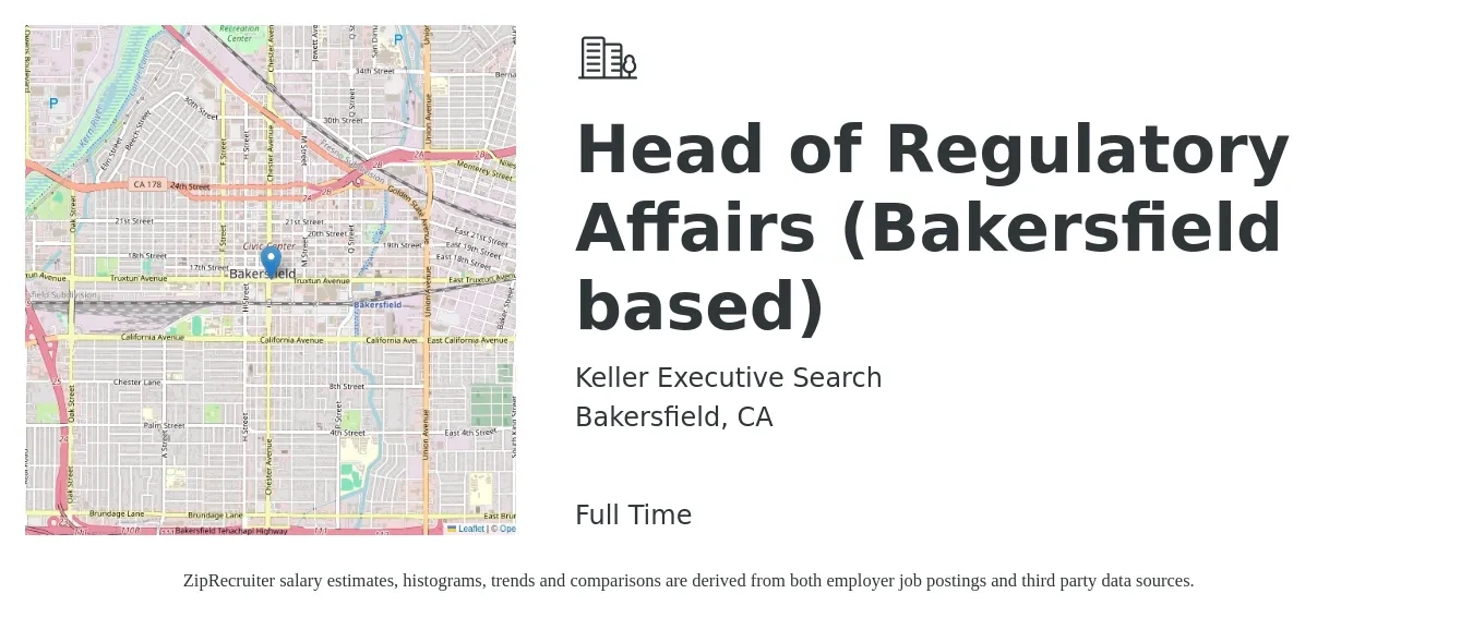 Keller Executive Search job posting for a Head of Regulatory Affairs (Bakersfield based) in Bakersfield, CA with a salary of $155,100 to $204,800 Yearly with a map of Bakersfield location.
