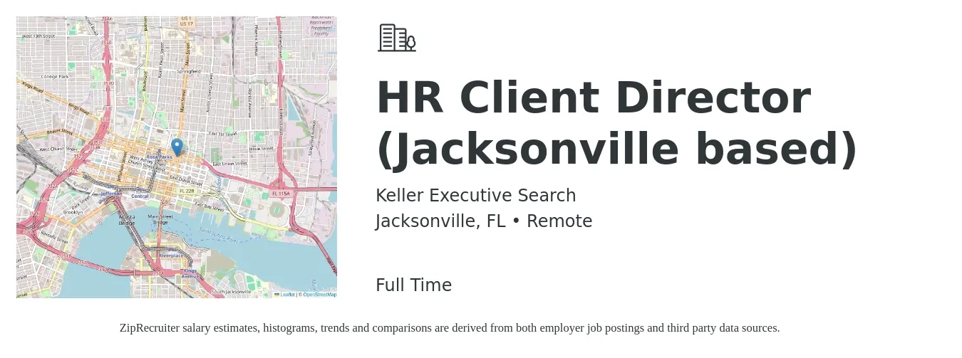 Keller Executive Search job posting for a HR Client Director (Jacksonville based) in Jacksonville, FL with a salary of $82,000 to $126,500 Yearly with a map of Jacksonville location.