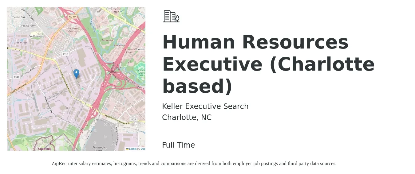 Keller Executive Search job posting for a Human Resources Executive (Charlotte based) in Charlotte, NC with a salary of $47,400 to $63,000 Yearly with a map of Charlotte location.