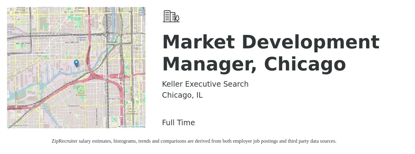 Keller Executive Search job posting for a Market Development Manager, Chicago in Chicago, IL with a salary of $77,300 to $114,900 Yearly with a map of Chicago location.