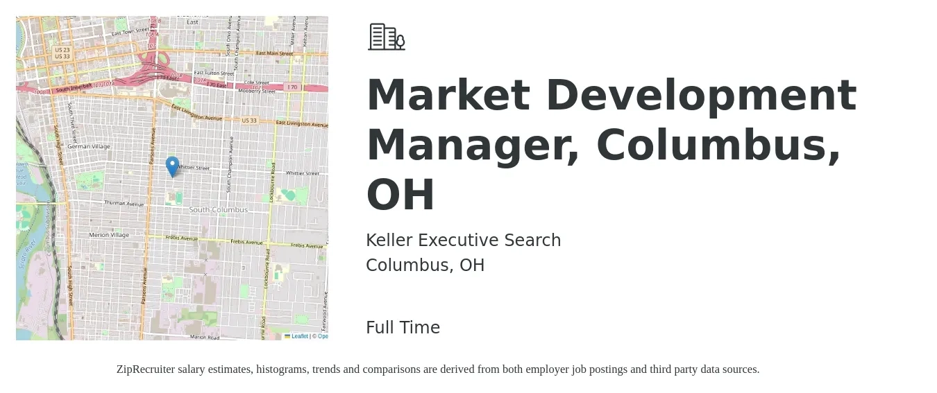 Keller Executive Search job posting for a Market Development Manager, Columbus, OH in Columbus, OH with a salary of $72,400 to $107,700 Yearly with a map of Columbus location.