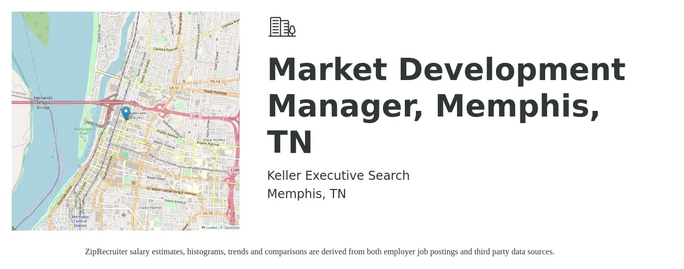 Keller Executive Search job posting for a Market Development Manager, Memphis, TN in Memphis, TN with a salary of $72,900 to $108,300 Yearly with a map of Memphis location.