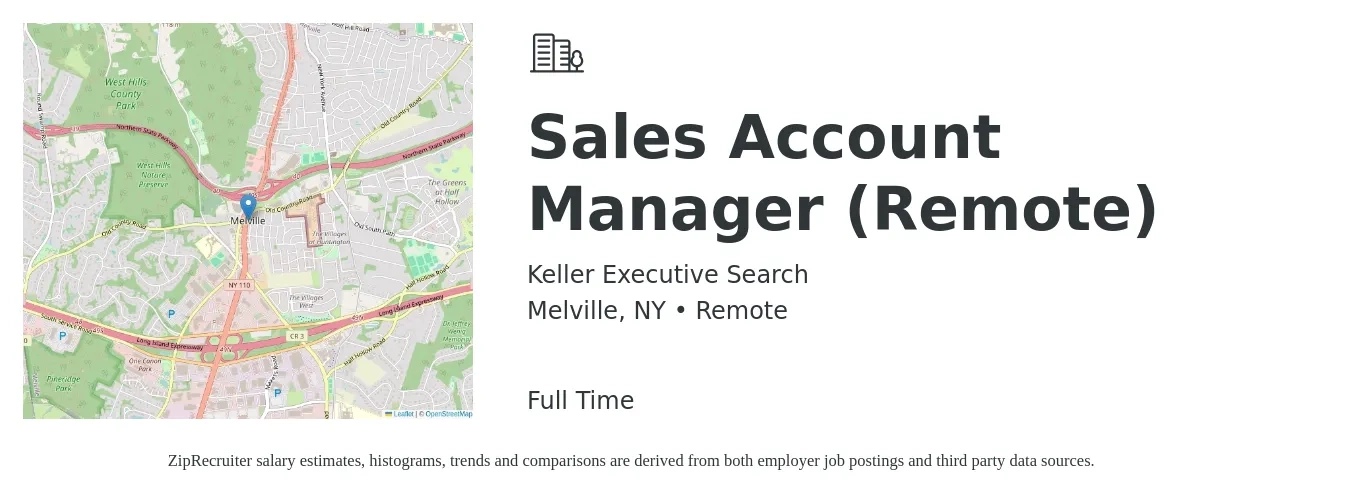 Keller Executive Search job posting for a Sales Account Manager (Remote) in Melville, NY with a salary of $75,000 to $85,000 Yearly with a map of Melville location.
