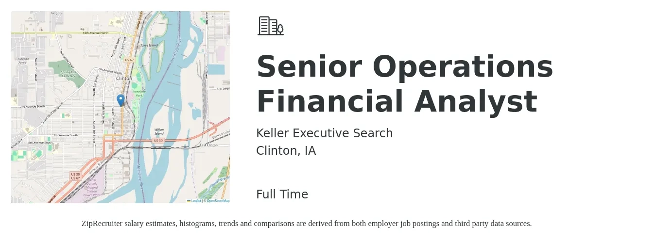 Keller Executive Search job posting for a Senior Operations Financial Analyst in Clinton, IA with a salary of $79,000 to $109,000 Yearly with a map of Clinton location.