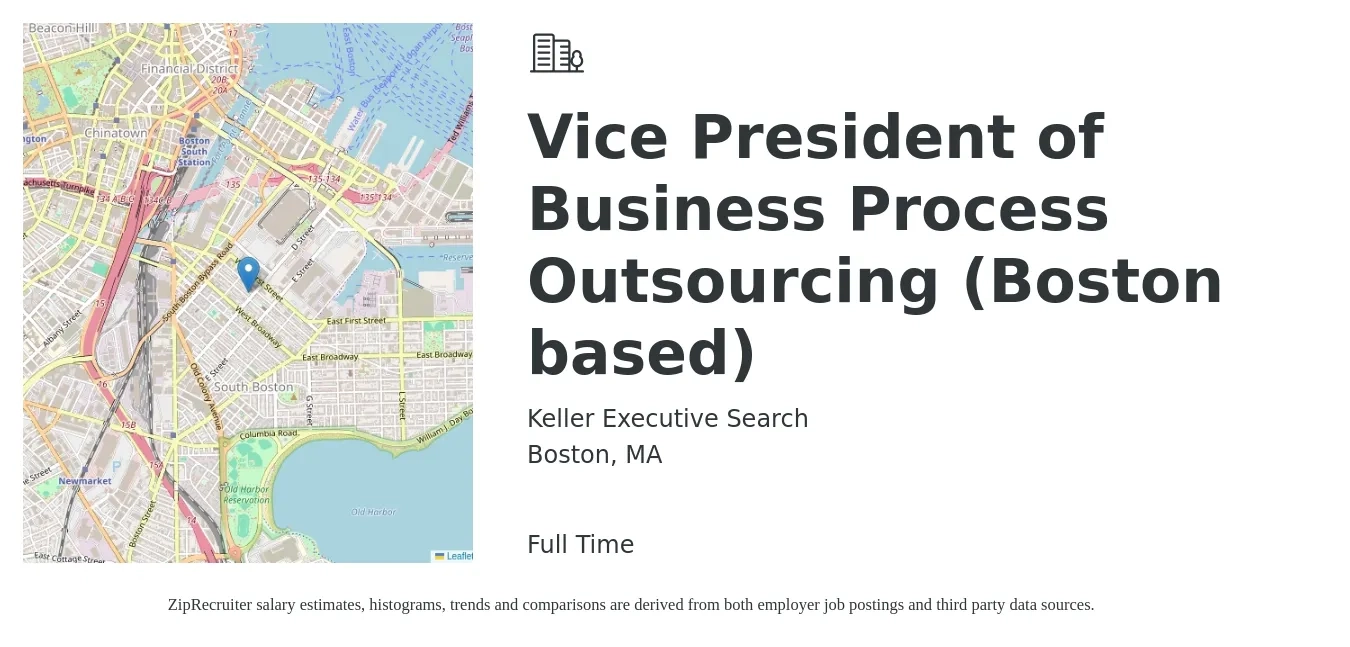 Keller Executive Search job posting for a Vice President of Business Process Outsourcing (Boston based) in Boston, MA with a salary of $125,500 to $201,000 Yearly with a map of Boston location.