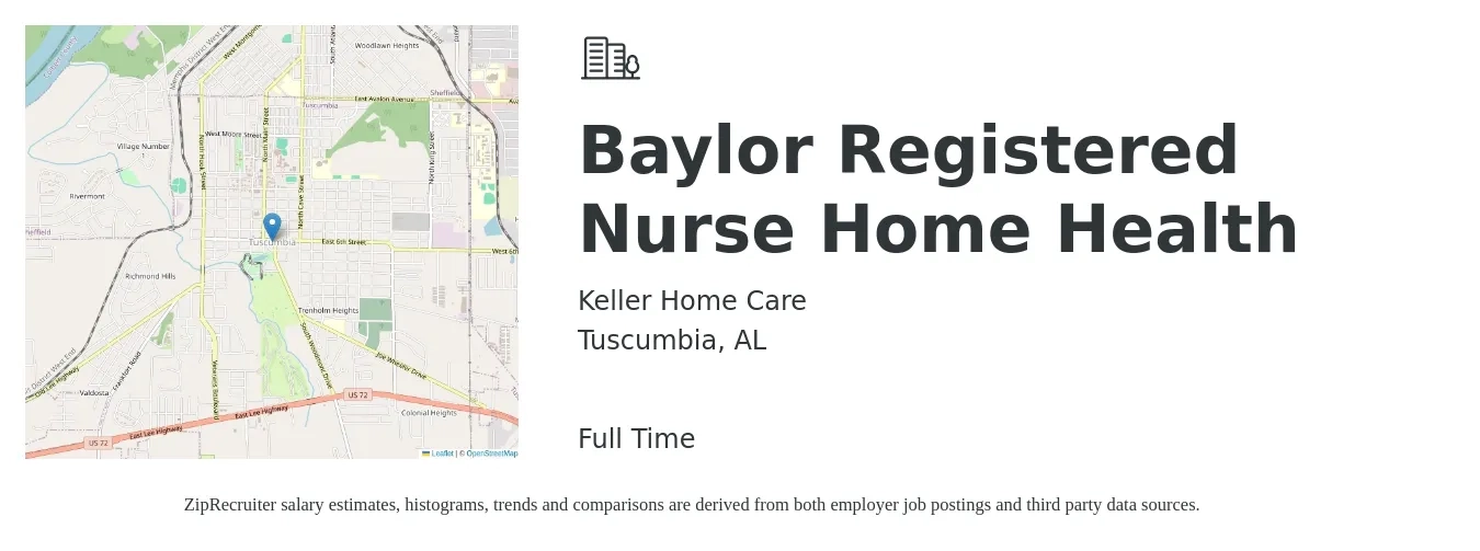 Keller Home Care job posting for a Baylor Registered Nurse Home Health in Tuscumbia, AL with a salary of $1,400 to $2,090 Weekly with a map of Tuscumbia location.