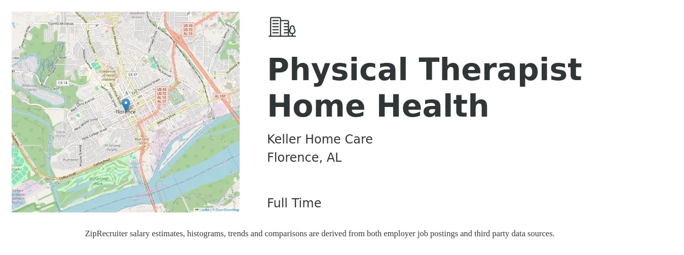 Keller Home Care job posting for a Physical Therapist Home Health in Florence, AL with a salary of $40 to $52 Hourly with a map of Florence location.