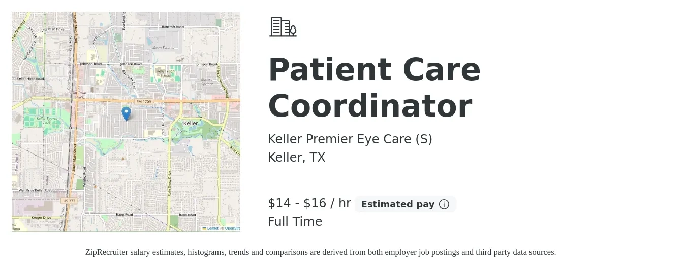 Keller Premier Eye Care (S) job posting for a Patient Care Coordinator in Keller, TX with a salary of $15 to $17 Hourly with a map of Keller location.