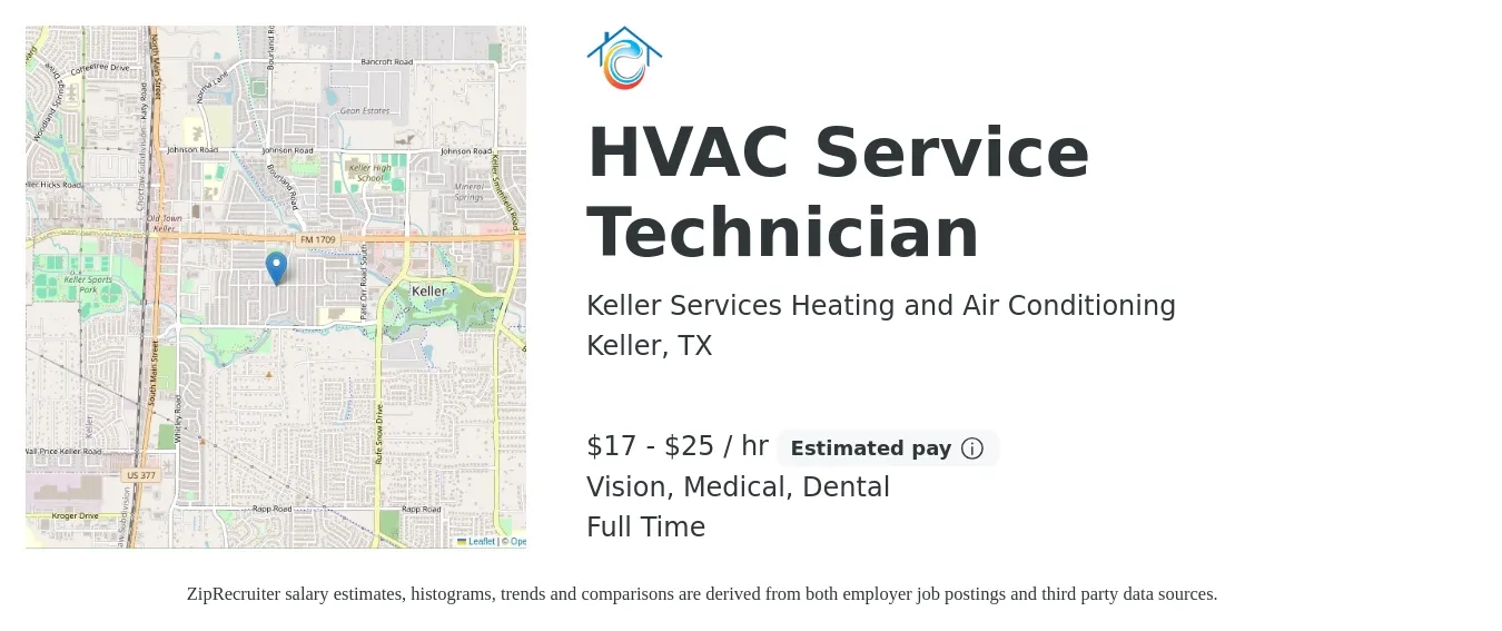 Keller Services Heating and Air Conditioning job posting for a HVAC Service Technician in Keller, TX with a salary of $18 to $26 Hourly and benefits including retirement, vision, dental, medical, and pto with a map of Keller location.