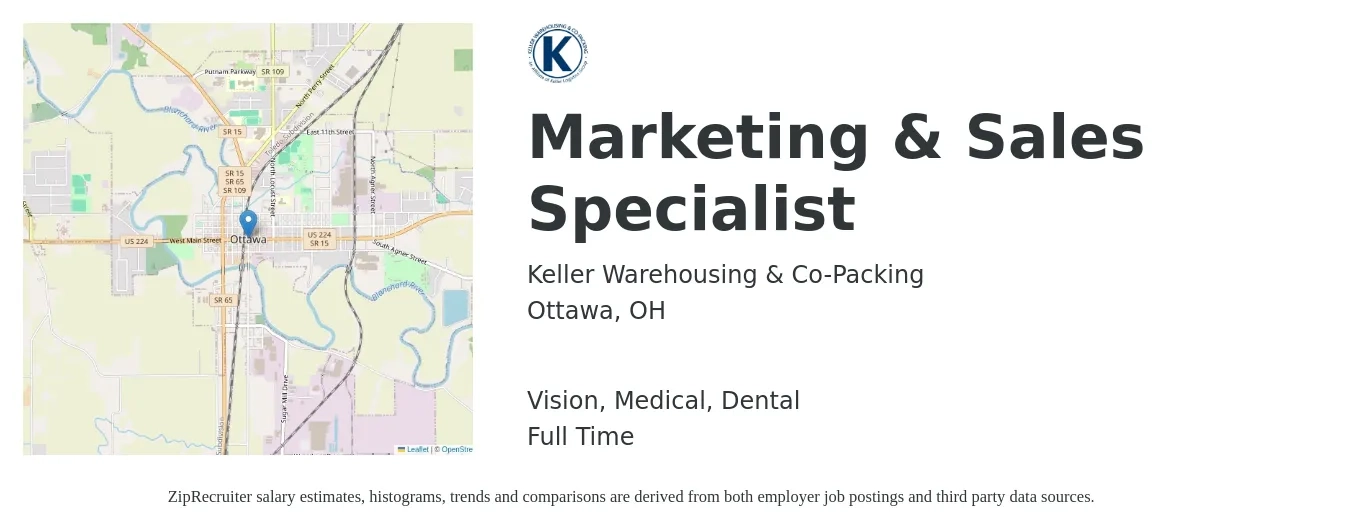 Keller Warehousing & Co-Packing job posting for a Marketing & Sales Specialist in Ottawa, OH with a salary of $39,400 to $66,400 Yearly and benefits including dental, life_insurance, medical, pto, retirement, and vision with a map of Ottawa location.
