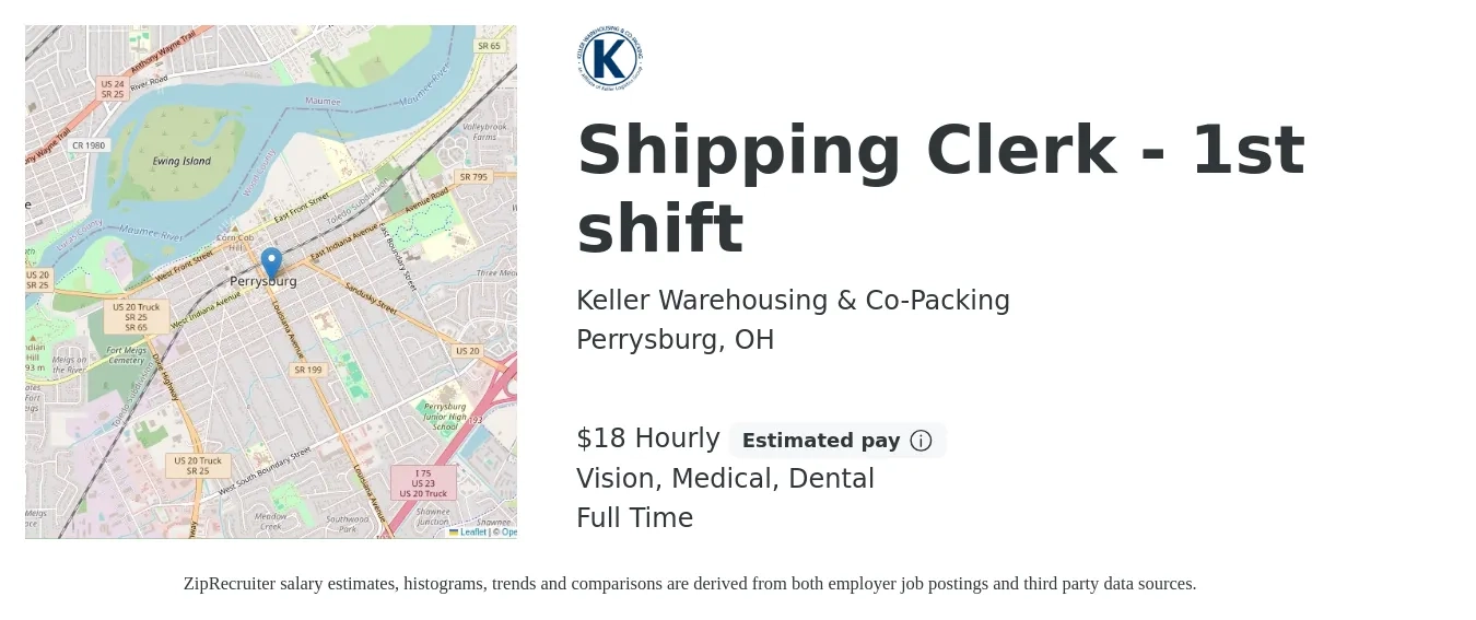 Keller Warehousing & Co-Packing job posting for a Shipping Clerk - 1st shift in Perrysburg, OH with a salary of $19 Hourly and benefits including dental, life_insurance, medical, pto, retirement, and vision with a map of Perrysburg location.