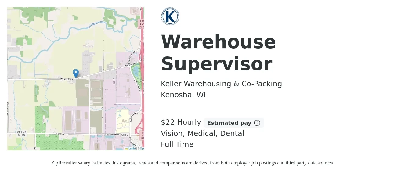 Keller Warehousing & Co-Packing job posting for a Warehouse Supervisor in Kenosha, WI with a salary of $24 Hourly and benefits including vision, dental, life_insurance, medical, pto, and retirement with a map of Kenosha location.