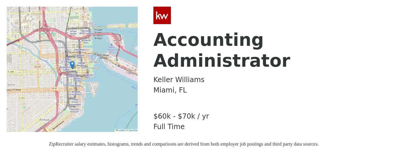 Keller Williams job posting for a Accounting Administrator in Miami, FL with a salary of $60,000 to $70,000 Yearly with a map of Miami location.