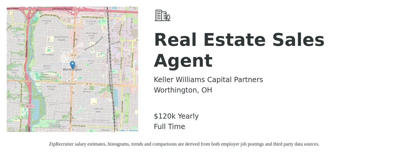 Keller Williams Capital Partners job posting for a Real Estate Sales Agent in Worthington, OH with a salary of $120,000 Yearly with a map of Worthington location.