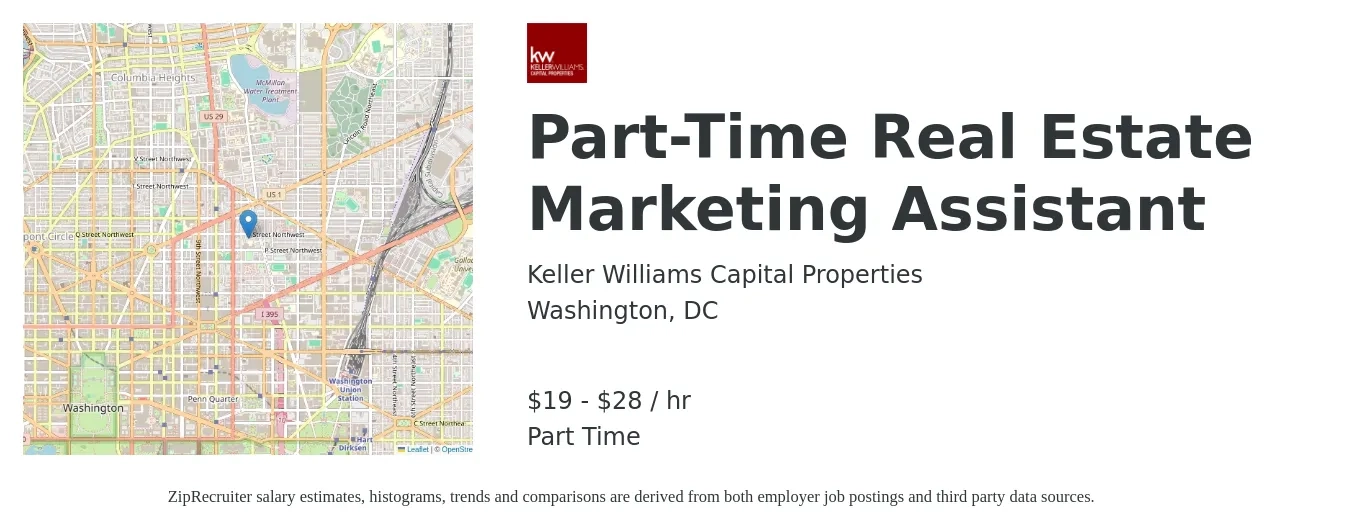 Keller Williams Capital Properties job posting for a Part-Time Real Estate Marketing Assistant in Washington, DC with a salary of $20 to $30 Hourly with a map of Washington location.
