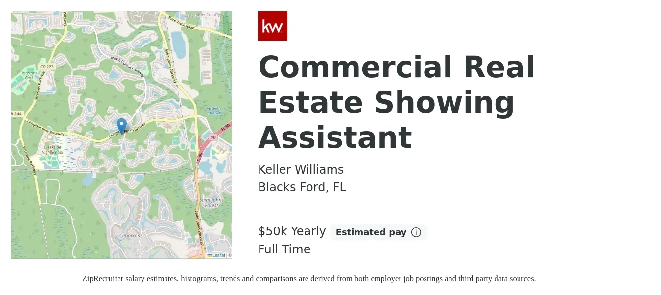 Keller Williams job posting for a Commercial Real Estate Showing Assistant in Blacks Ford, FL with a salary of $50,000 Yearly with a map of Blacks Ford location.