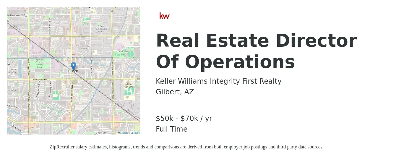 Keller Williams Integrity First Realty job posting for a Real Estate Director Of Operations in Gilbert, AZ with a salary of $50,000 to $70,000 Yearly with a map of Gilbert location.