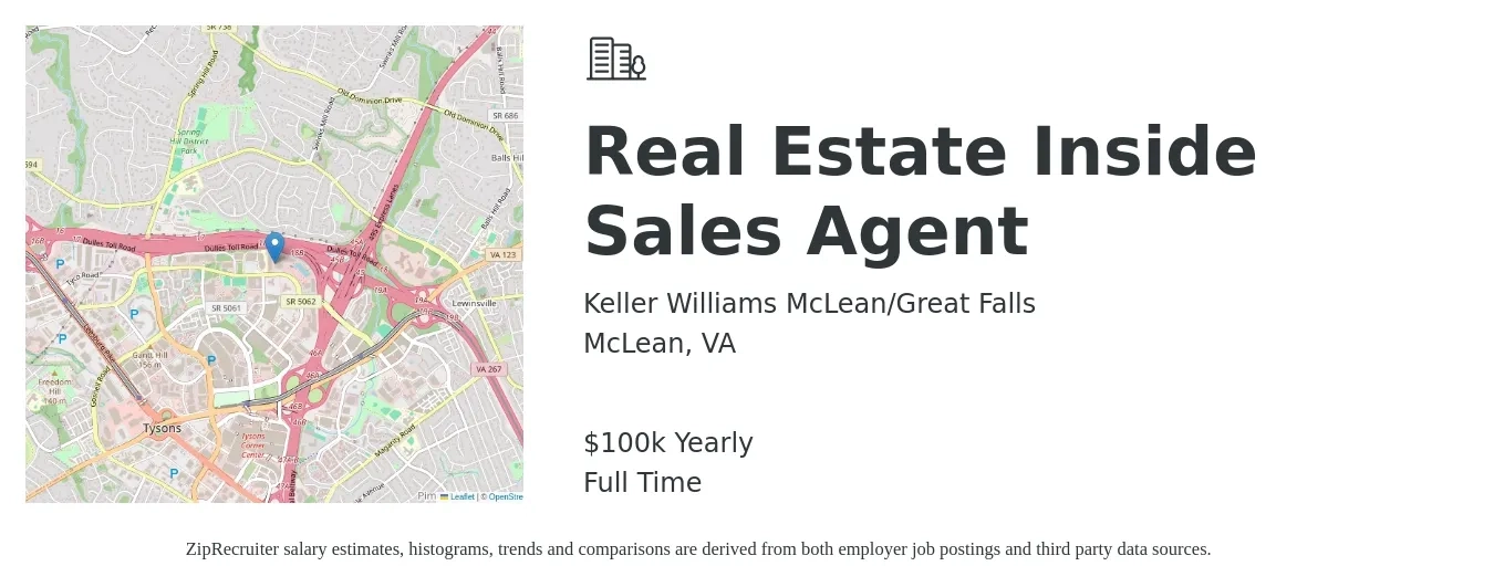 Keller Williams McLean/Great Falls job posting for a Real Estate Inside Sales Agent in McLean, VA with a salary of $100,000 Yearly with a map of McLean location.