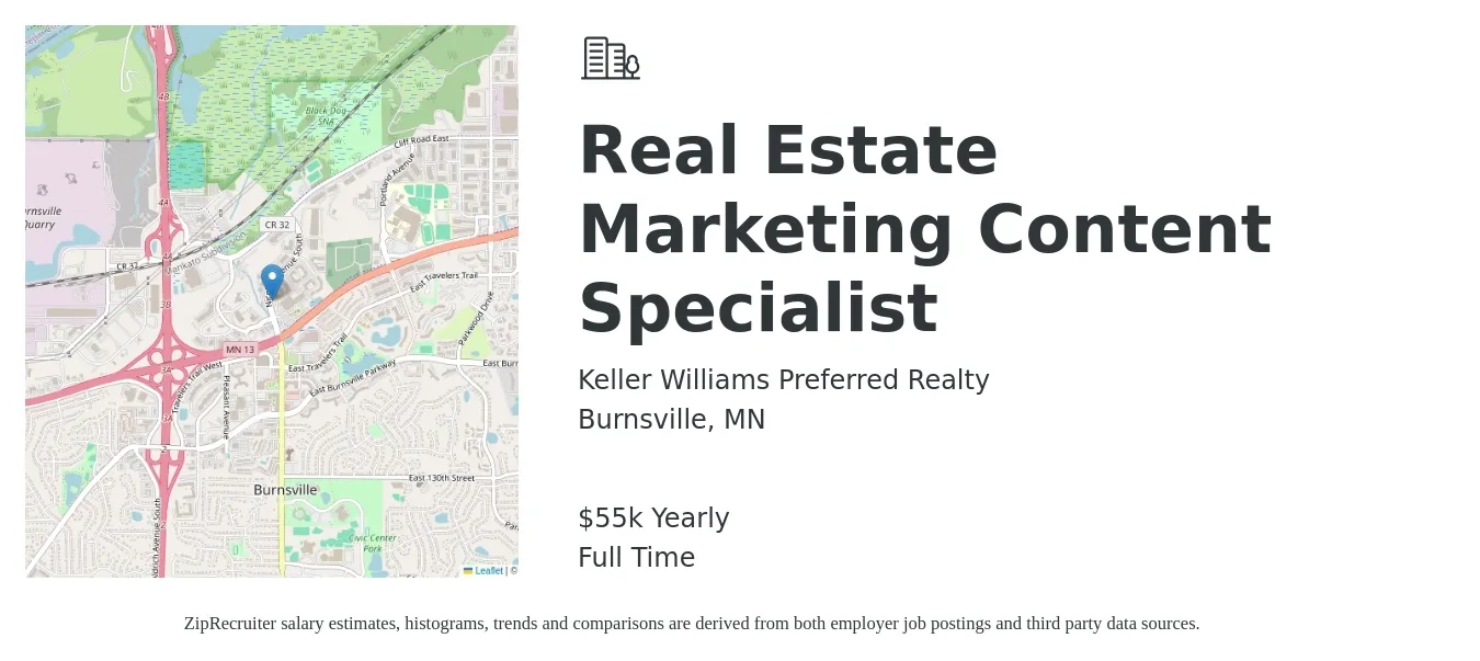 Keller Williams Preferred Realty job posting for a Real Estate Marketing Content Specialist in Burnsville, MN with a salary of $55,000 Yearly with a map of Burnsville location.