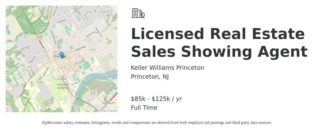 Keller Williams Princeton job posting for a Licensed Real Estate Sales Showing Agent in Princeton, NJ with a salary of $85,000 to $125,000 Yearly with a map of Princeton location.