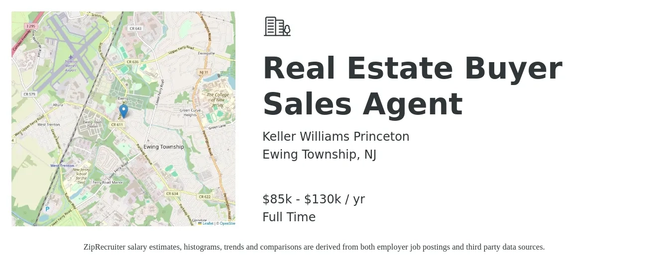 Keller Williams Princeton job posting for a Real Estate Buyer Sales Agent in Ewing Township, NJ with a salary of $85,000 to $130,000 Yearly with a map of Ewing Township location.