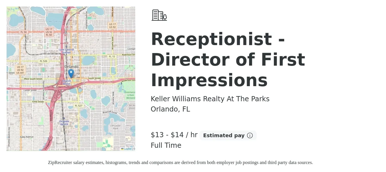 Keller Williams Realty At The Parks job posting for a Receptionist - Director of First Impressions in Orlando, FL with a salary of $14 to $15 Hourly with a map of Orlando location.