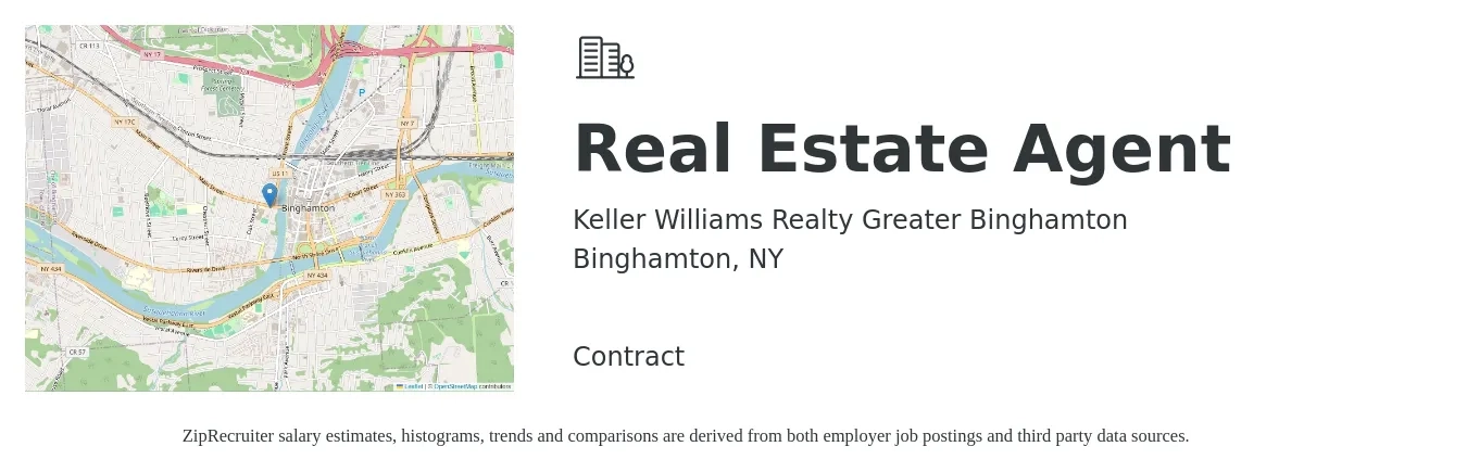 Keller Williams Realty Greater Binghamton job posting for a Real Estate Agent in Binghamton, NY with a salary of $57,500 to $95,800 Yearly with a map of Binghamton location.