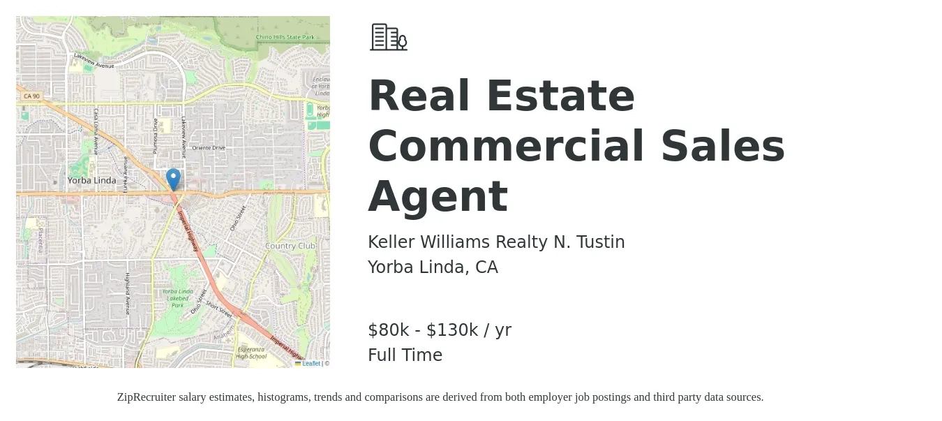 Keller Williams Realty N. Tustin job posting for a Real Estate Commercial Sales Agent in Yorba Linda, CA with a salary of $80,000 to $130,000 Yearly with a map of Yorba Linda location.