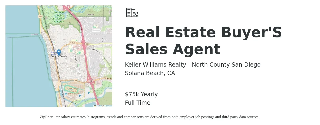Keller Williams Realty - North County San Diego job posting for a Real Estate Buyer'S Sales Agent in Solana Beach, CA with a salary of $75,000 Yearly with a map of Solana Beach location.