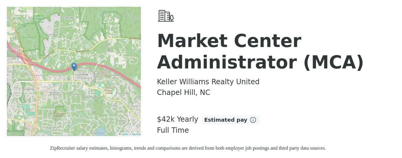 Keller Williams Realty United job posting for a Market Center Administrator (MCA) in Chapel Hill, NC with a salary of $42,000 Yearly with a map of Chapel Hill location.