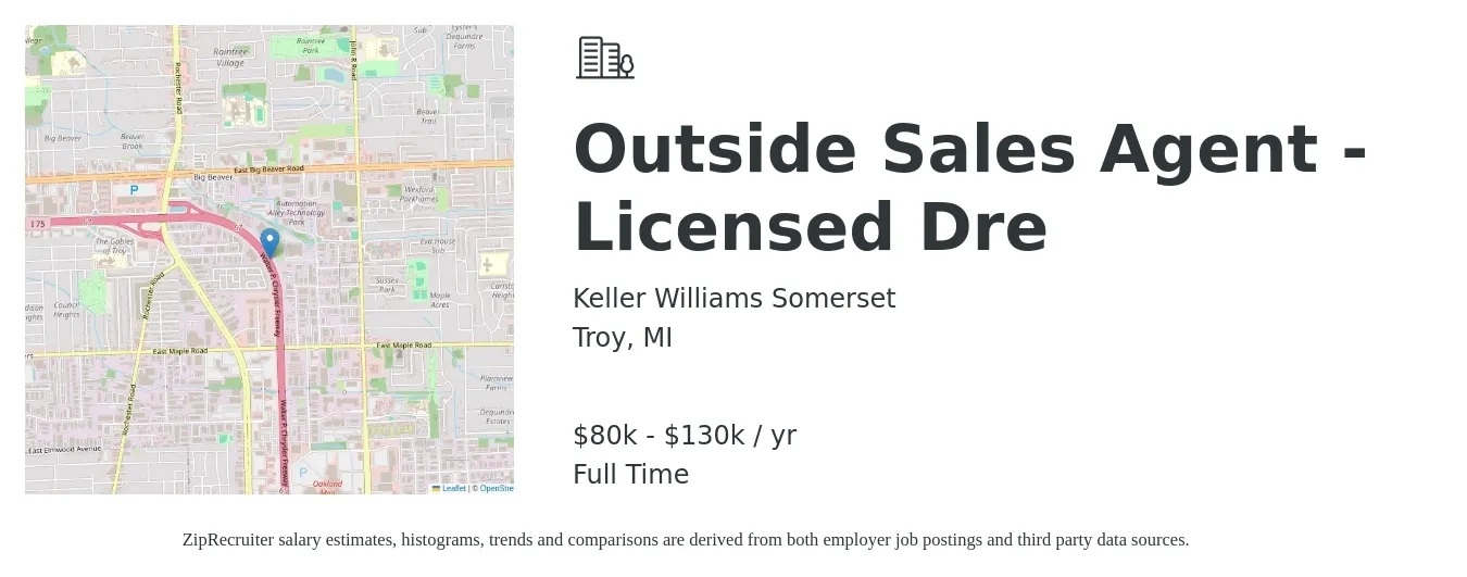 Keller Williams Somerset job posting for a Outside Sales Agent - Licensed Dre in Troy, MI with a salary of $80,000 to $130,000 Yearly with a map of Troy location.