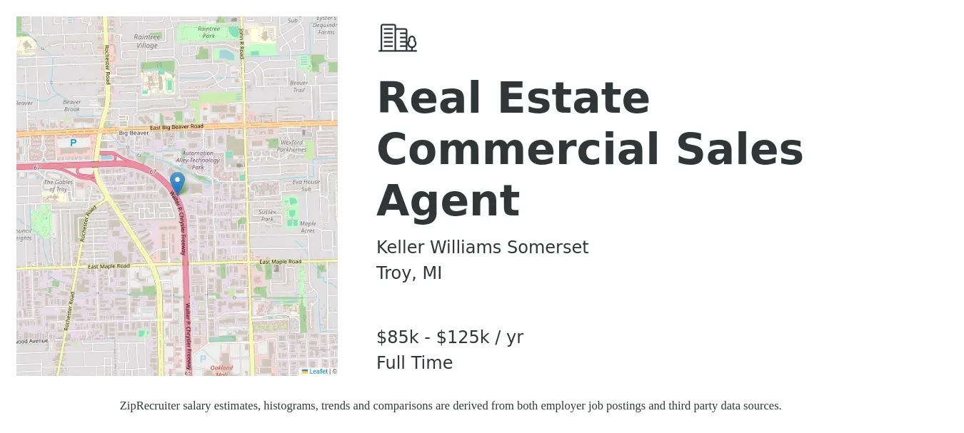 Keller Williams Somerset job posting for a Real Estate Commercial Sales Agent in Troy, MI with a salary of $85,000 to $125,000 Yearly with a map of Troy location.
