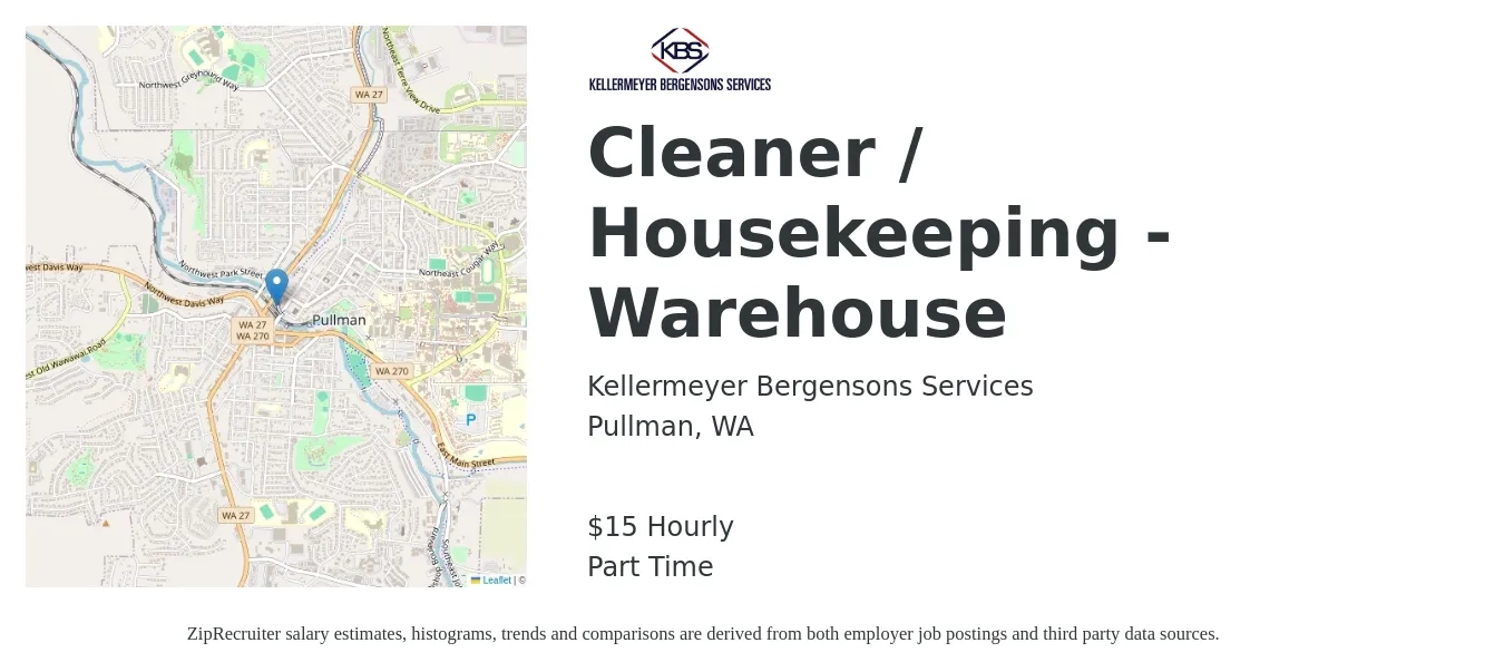 Kellermeyer Bergensons Services job posting for a Cleaner / Housekeeping - Warehouse in Pullman, WA with a salary of $16 Hourly with a map of Pullman location.