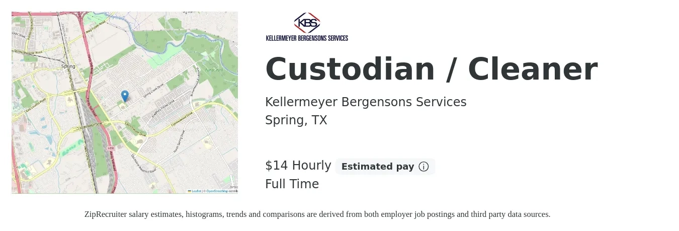 Kellermeyer Bergensons Services job posting for a Custodian / Cleaner in Spring, TX with a salary of $15 Hourly with a map of Spring location.