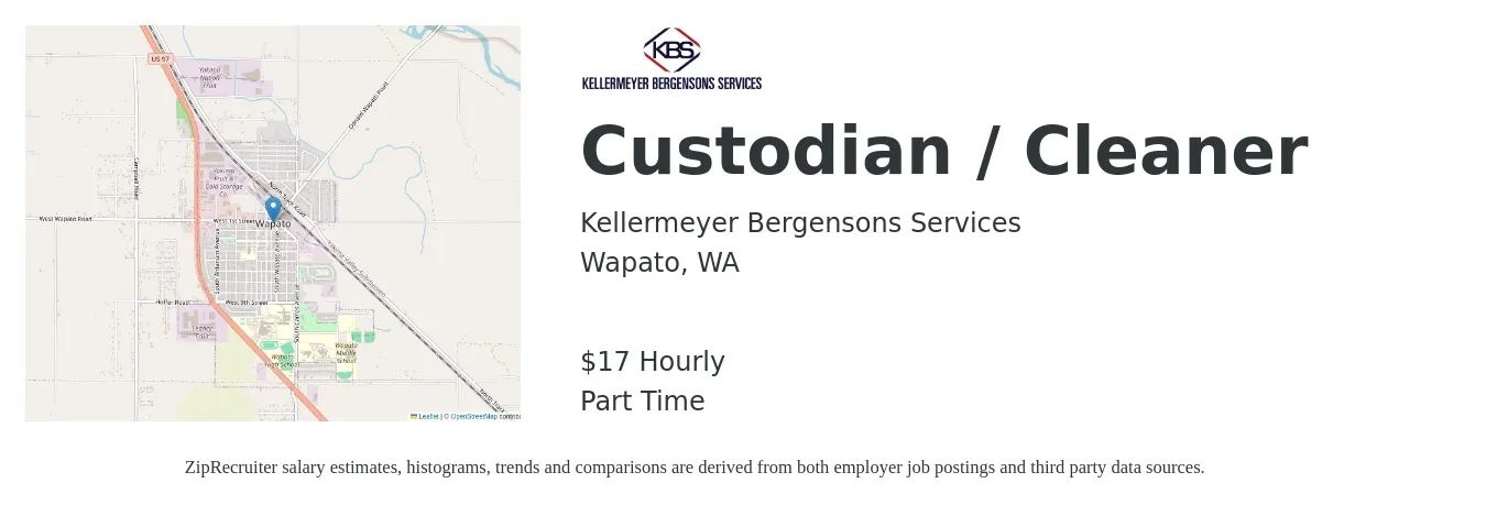Kellermeyer Bergensons Services job posting for a Custodian / Cleaner in Wapato, WA with a salary of $18 Hourly with a map of Wapato location.