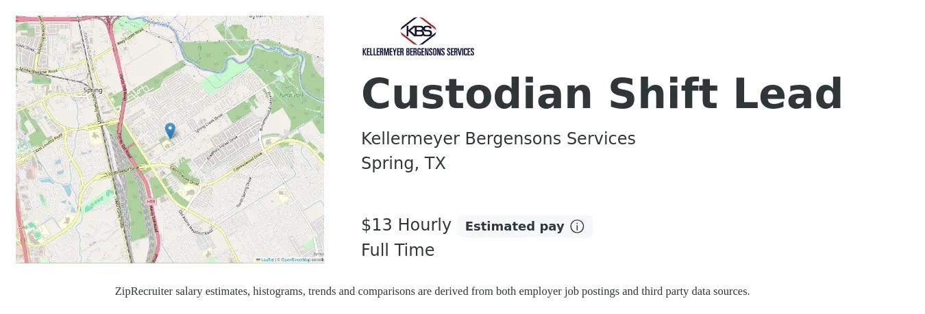 Kellermeyer Bergensons Services job posting for a Custodian Shift Lead in Spring, TX with a salary of $14 Hourly with a map of Spring location.
