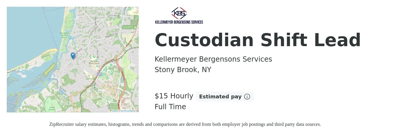 Kellermeyer Bergensons Services job posting for a Custodian Shift Lead in Stony Brook, NY with a salary of $16 Hourly with a map of Stony Brook location.