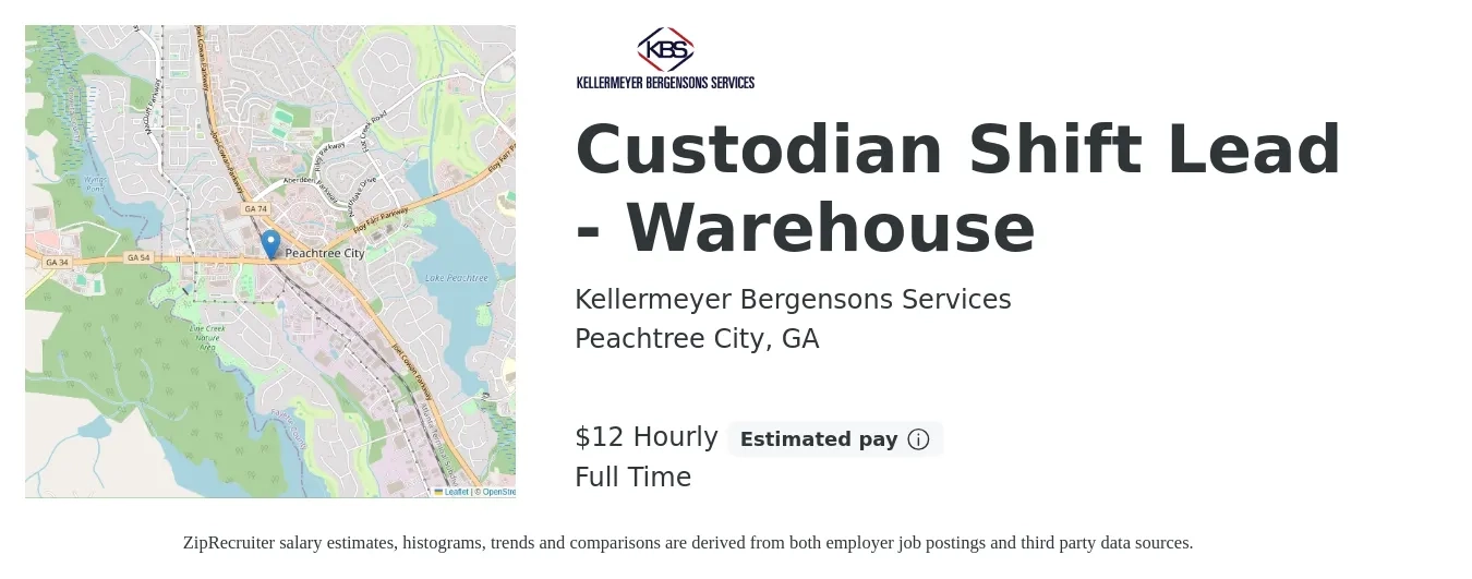 Kellermeyer Bergensons Services job posting for a Custodian Shift Lead - Warehouse in Peachtree City, GA with a salary of $13 Hourly with a map of Peachtree City location.